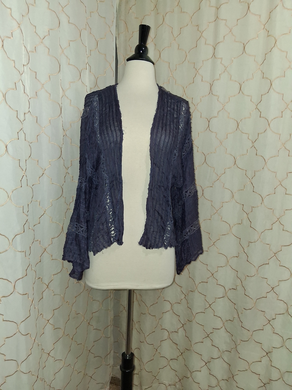 Free People Navy Lace-Trim Open Front Cardigan